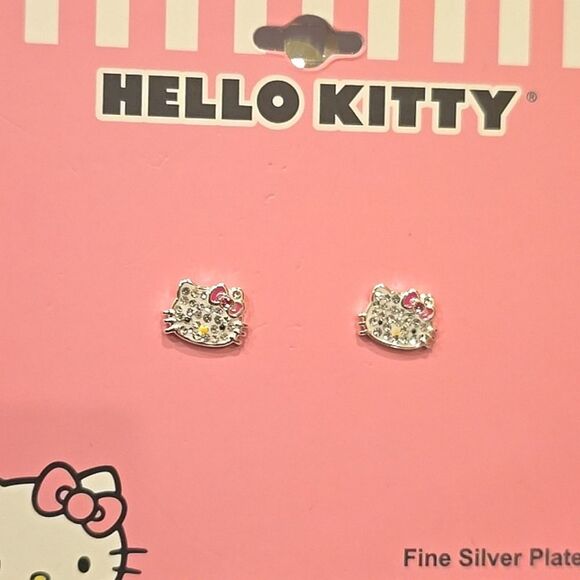 Hello Kitty Fine Silver Plated Logo Studded Crystal Earrings - Picture 7 of 9